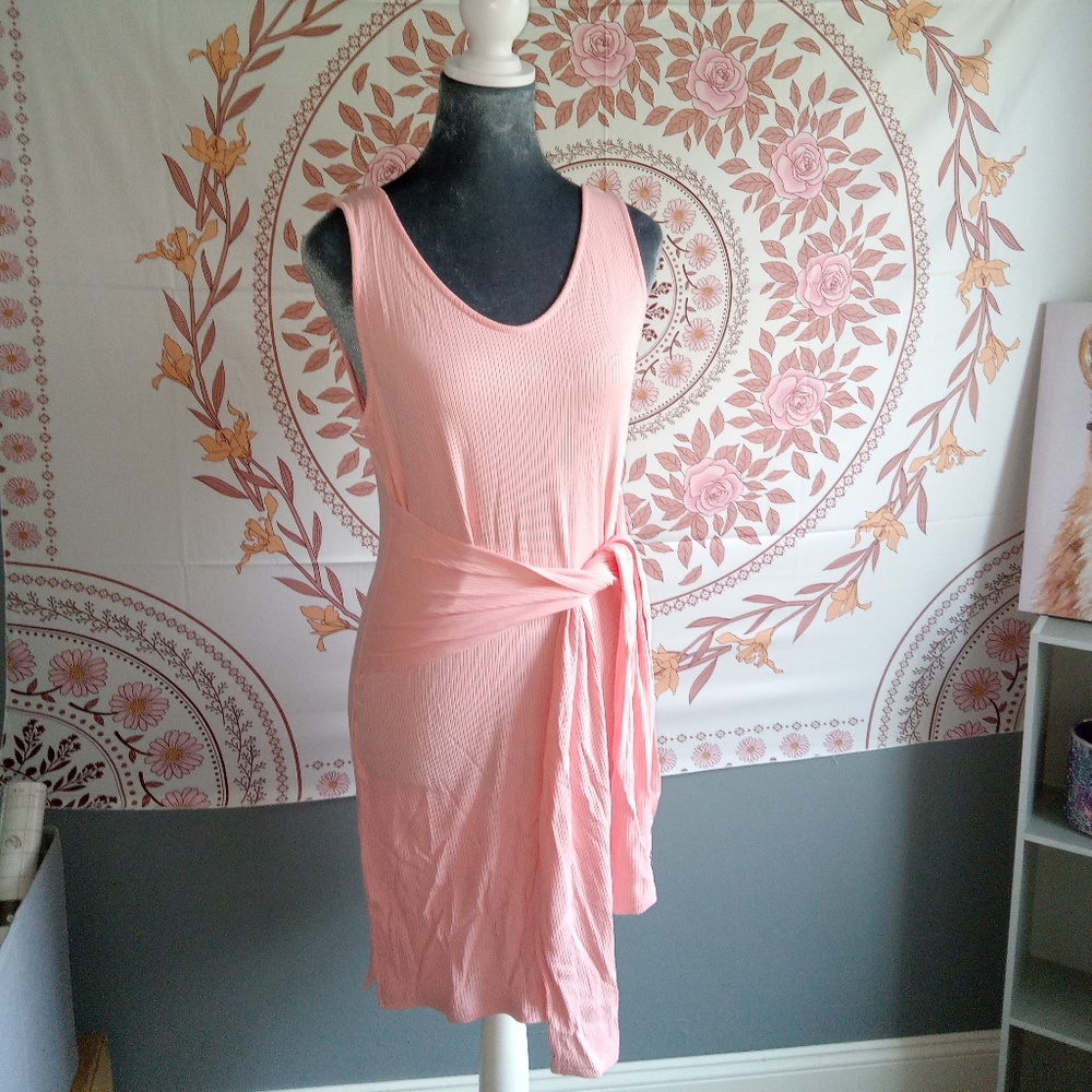 Casual Sleeveless V Neck Belted Ribbed Knit Tank Dress